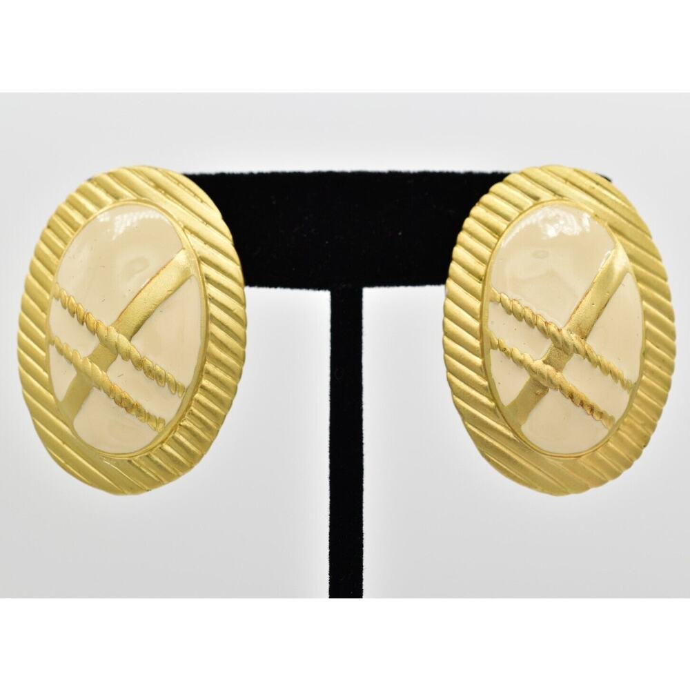 Vintage Clip On Earrings Cream Brushed Gold Matte Heavy Chunky NOS 1980s BinA5